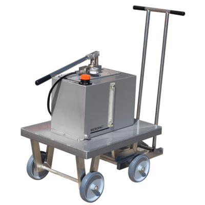 4-wheel turntable trolley with hydraulic reservoir and hand pump mounted on top
