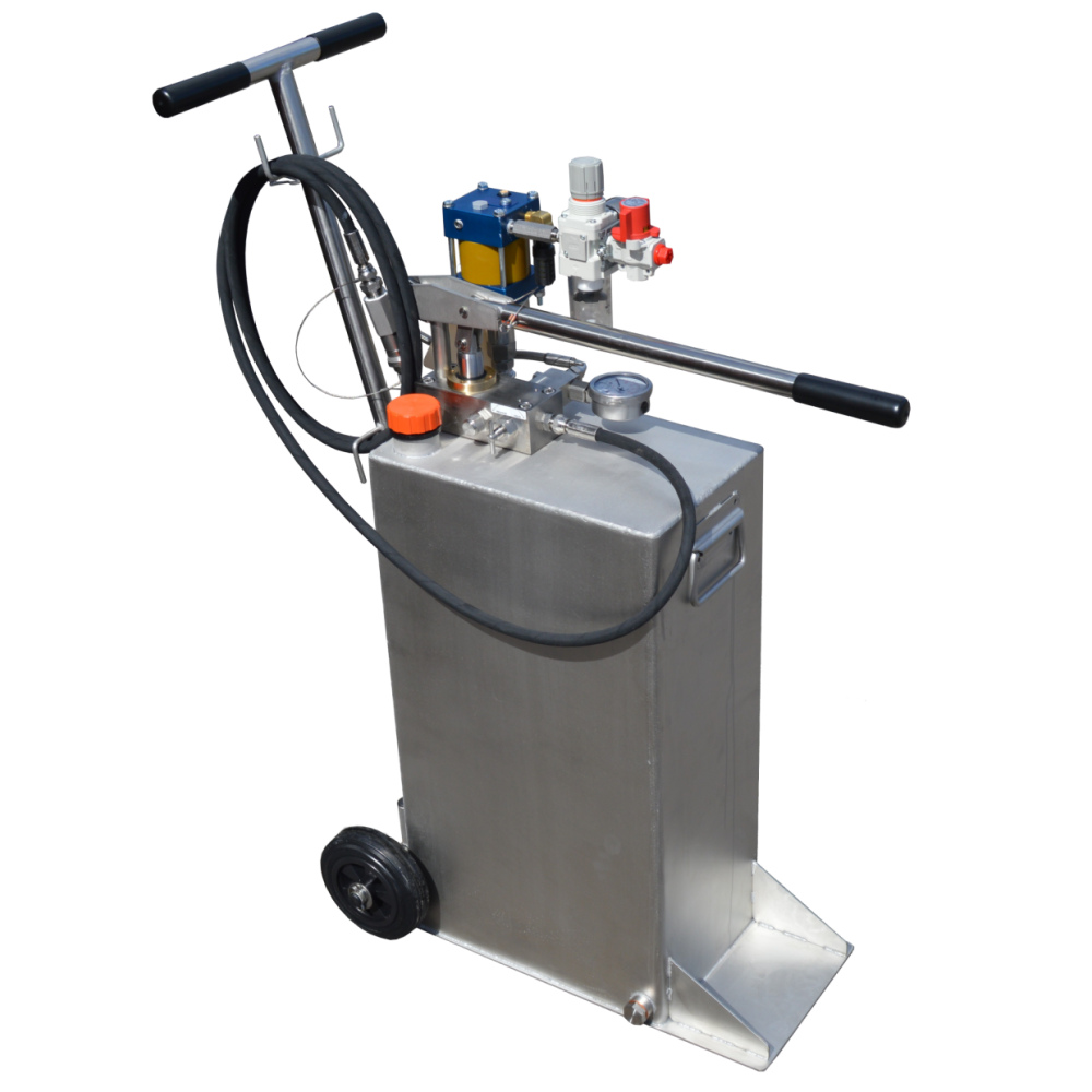 our DUO unit, a combination of both an air driven pump, as well as a manual hand pump both mounted on top of a 2 wheel trolley reservoir