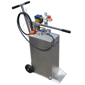 our DUO unit, a combination of both an air driven pump, as well as a manual hand pump both mounted on top of a 2 wheel trolley reservoir