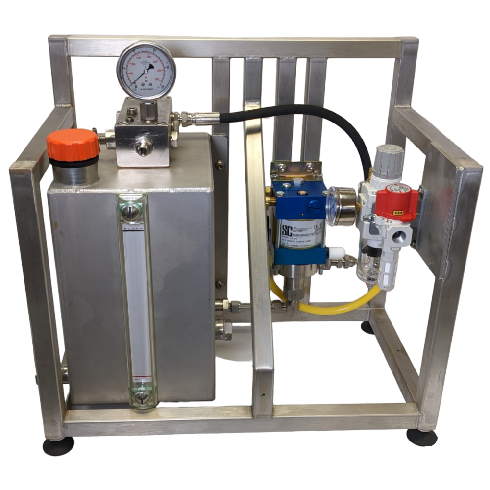 air driven hydraulic pump in a frame with reservoir