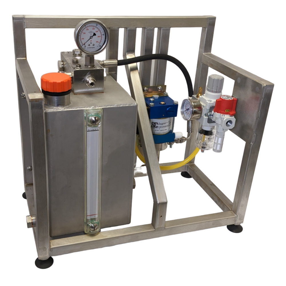 air driven hydraulic pump in a frame with reservoir