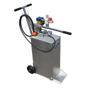 Micropac-DUO-365px-sq-sarum-hydraulics air driven hydraulic pump next to a manual hand pump, both on top of the same 50 litre wheel around trolley reservoir