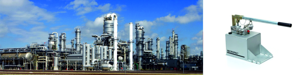 Large Petrochemical Refinery with complex vessels and pipework shown next to Micropac Hydrotest Pump