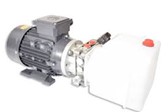 An electric motor with a small electric pump manifold fitted using a bellhousing and a plastic rectangular oil reservoir.