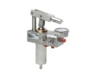 A stainless steel 316 hand pump with a rectangular body, cylindrical barrel underneath and a hand mechanism above