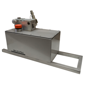 A carry around stainless steel reservoir with a handle for fluid and a hydraulic hand pump on top.
