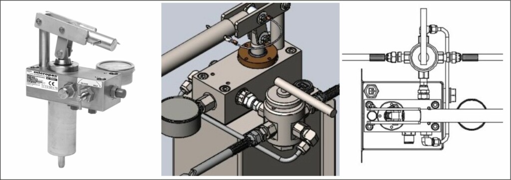 banner designer landing page 3 views of Sarum Hydraulics Hand Pumps, 1 in reality, 1 in a 3d design environment on Solidworks, and 1 as shown on a technical drawing
