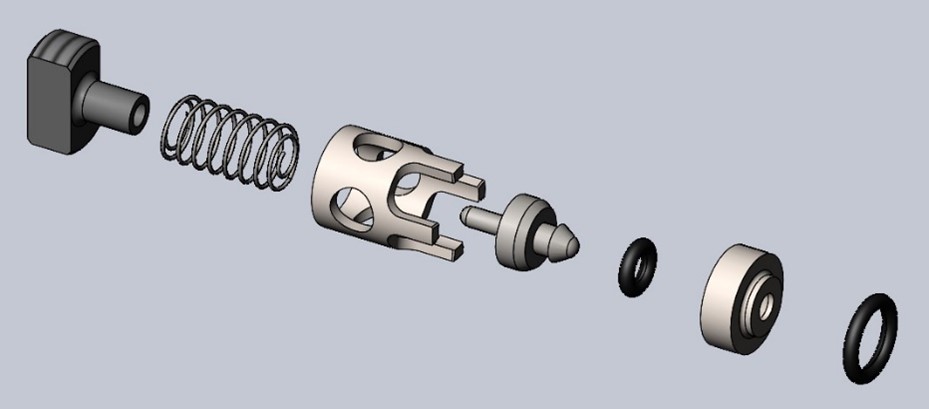 A pump check valve has complexity and needs to be right. an exploded drawing of a Micropac check valve showing all the part including a spring, seat, poppet and seals