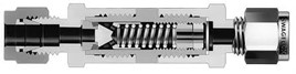 Swagelok check valve Check Valve section showing compression fittings either end a the internal parts, including a poppet and spring.