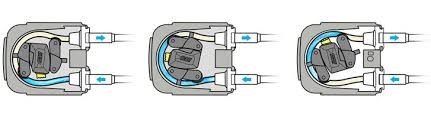 peristaltic pump Peristaltic pump diagram showing loop of tube and the two rollers moving round, forcing a slug of fluid through the pump