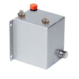 a compact cube 316 stainless hydraulic reservoir with a drain plug at the bottom and additional fittings for connections