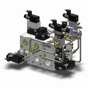 a 3d render image of a hydraulic manifold, with tubing and hydraulic components bolted onto it
