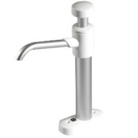 A very low cost portable water pump Whale V MK6 Manual Galley Pump with a metal spout, a plunger on top with white know that moves up and down then a cylindrical body and base flange for screwing down.